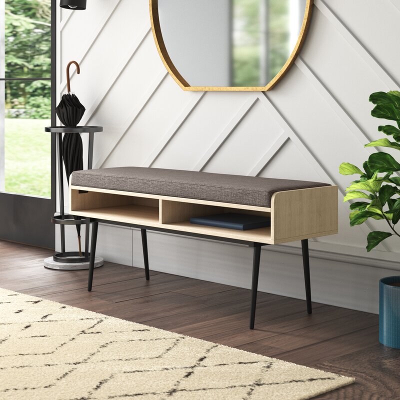 Birch 44" Modern Bench With Front Storage And Cushion Two Horizontal Open Cubbies Are An Accessible Spot To Keep Hats