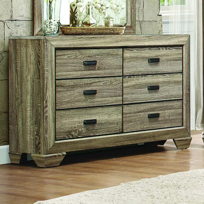 Distressed Finish Light Elm Henry 6 Drawer 59'' W Contemporary Style Perfect Organize