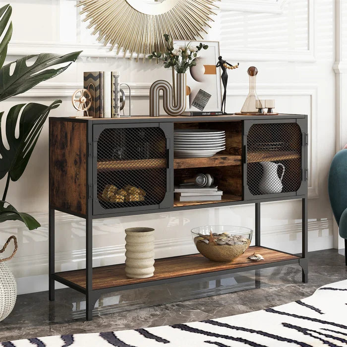 Distressed Brown Herries 48'' Wide Buffet Table Iron Mesh Doors Bring Industrial Style Solid Wood