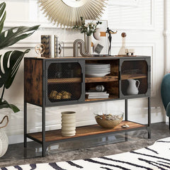 Distressed Brown Herries 48'' Wide Buffet Table Iron Mesh Doors Bring Industrial Style Solid Wood