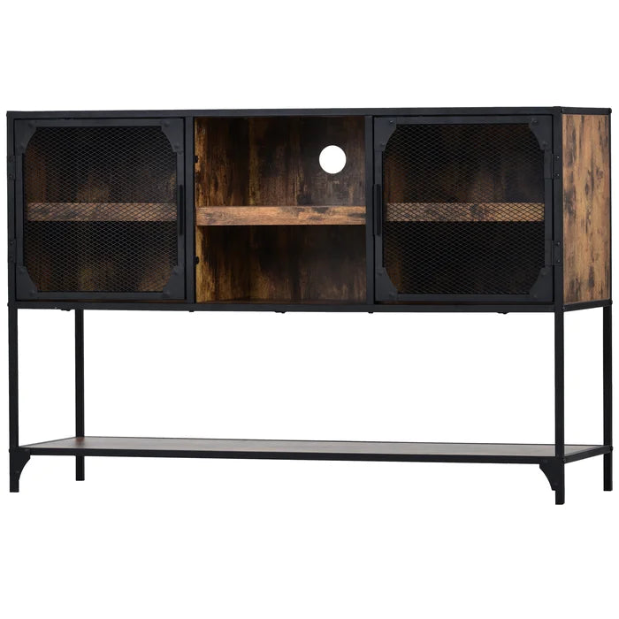 Distressed Brown Herries 48'' Wide Buffet Table Iron Mesh Doors Bring Industrial Style Solid Wood
