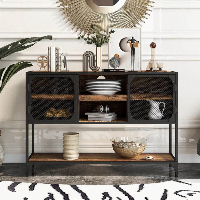 Distressed Brown Herries 48'' Wide Buffet Table Iron Mesh Doors Bring Industrial Style Solid Wood