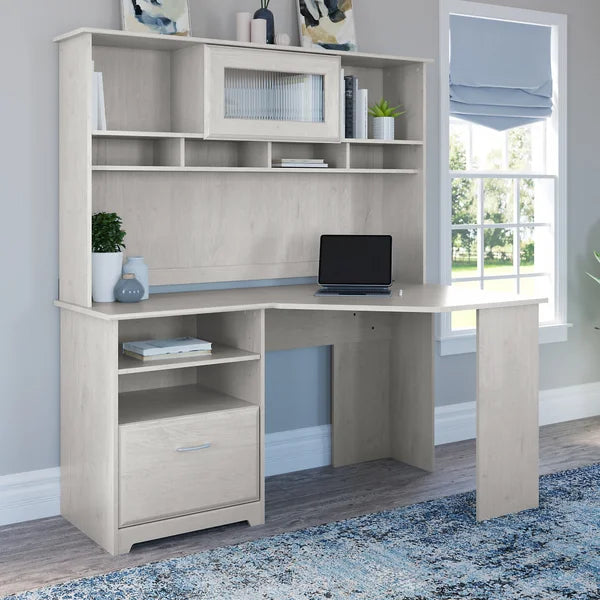 Linen White Oak Hillsdale Reversible Corner Desk with Hutch