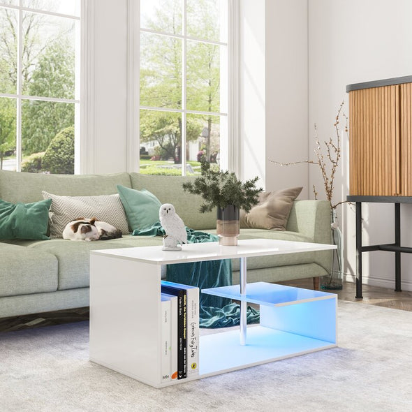 White Holl Floor Shelf Coffee Table with Storage Side Table with LED light Perfect for Organize