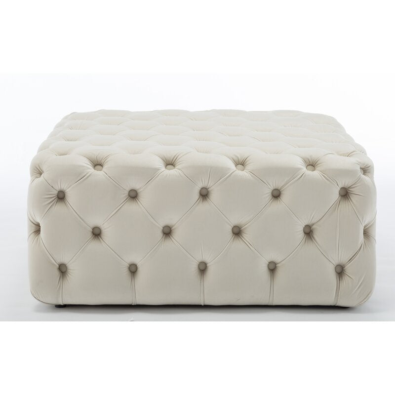 Cream Square 35.5'' Wide Velvet Tufted Square Cocktail Ottoman Smooth Surface Made of Velvet is Comfortable Provides Extra Seating
