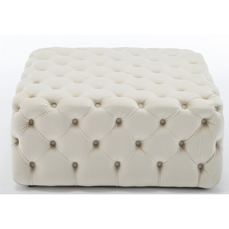 Cream Square 35.5'' Wide Velvet Tufted Square Cocktail Ottoman Smooth Surface Made of Velvet is Comfortable Provides Extra Seating