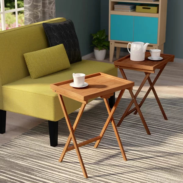 Hussey Solid Bamboo Tray Table Set Natural Finish Perfect for Living Room (Set of 2)