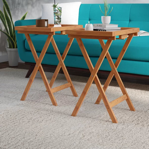 Hussey Solid Bamboo Tray Table Set Natural Finish Perfect for Living Room (Set of 2)