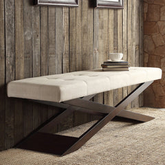 Beige Linen Wood X Base Bench Create a Piece Both Rustic and Modern