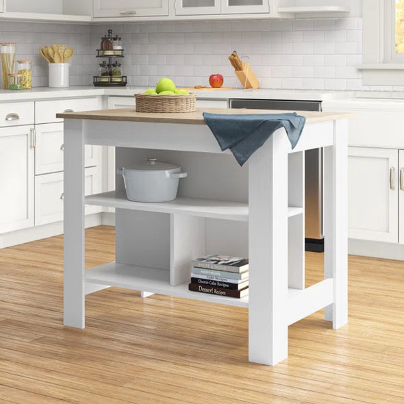 White/Natural Isaacs 41'' Wide Solid Wood Kitchen Island with Two Open Shelves