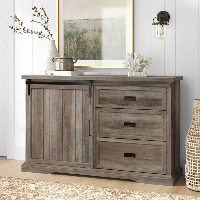 Gray Wash Isra 56'' Wide 3 Drawer Sideboard Breezy Weathered Finish and Built On