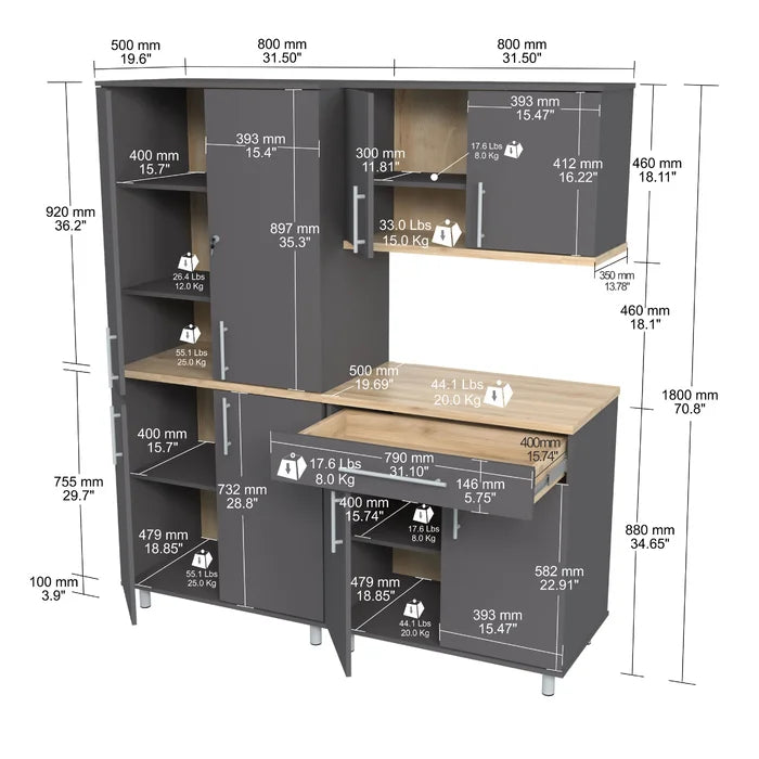 Jezelle 71' H x 63" W x 20" D 3 Piece Storage Cabinet Set 9 Shelves Adjustable Shelves