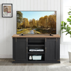 Charcoal TV Stand for TVs up to 60" Sliding Barn-Door Design, and Open Adjustable Shelf Space in the Middle. The Cable Management Cutouts