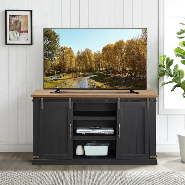 Charcoal TV Stand for TVs up to 60" Sliding Barn-Door Design, and Open Adjustable Shelf Space in the Middle. The Cable Management Cutouts