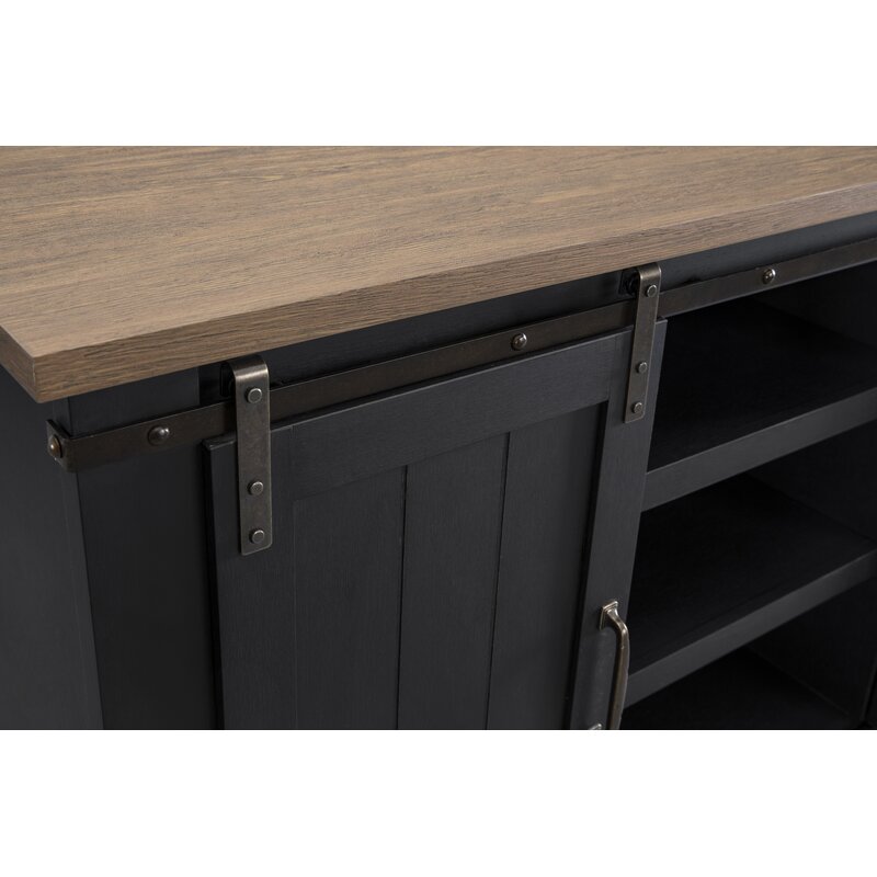 Charcoal TV Stand for TVs up to 60" Sliding Barn-Door Design, and Open Adjustable Shelf Space in the Middle. The Cable Management Cutouts