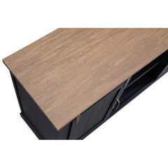 Charcoal TV Stand for TVs up to 60" Sliding Barn-Door Design, and Open Adjustable Shelf Space in the Middle. The Cable Management Cutouts