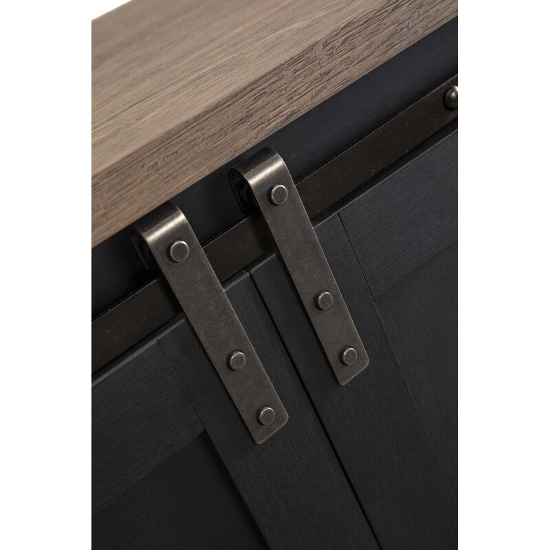 Charcoal TV Stand for TVs up to 60" Sliding Barn-Door Design, and Open Adjustable Shelf Space in the Middle. The Cable Management Cutouts