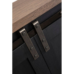 Charcoal TV Stand for TVs up to 60" Sliding Barn-Door Design, and Open Adjustable Shelf Space in the Middle. The Cable Management Cutouts