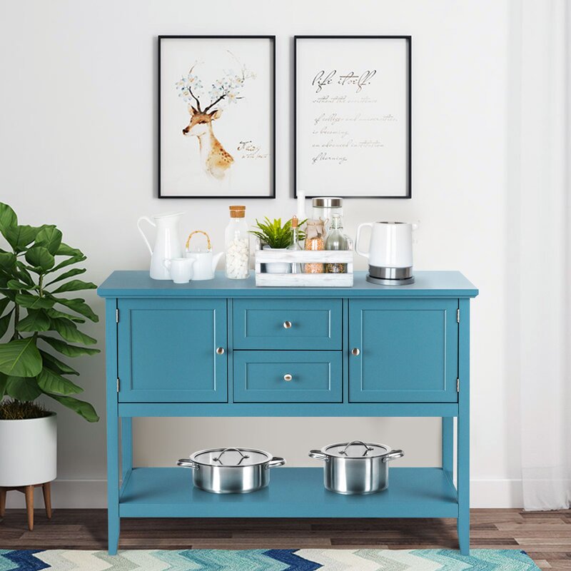 Blue 46'' Wide 2 Drawer Buffet Table Provides Ample Storage Space for all of your Space-Saving Needs Perfect for Organize