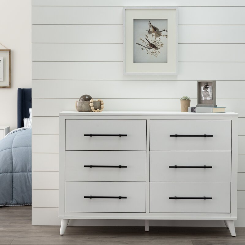 White Kai 6 Drawer 55'' W Double Dresser Mid Century Modern Design