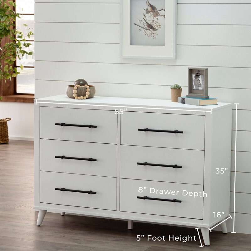 White Kai 6 Drawer 55'' W Double Dresser Mid Century Modern Design