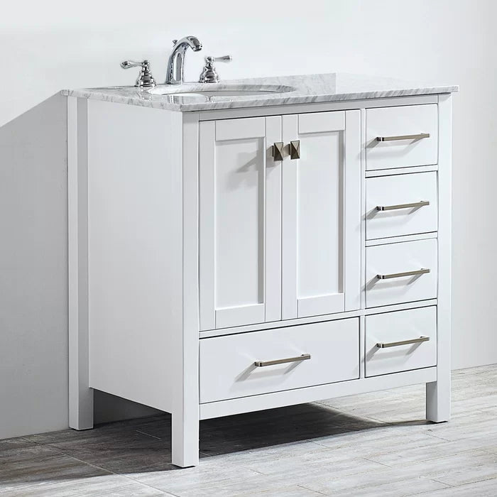 White Karine 36" Single Bathroom Vanity Set Crafted from a Clean Lined Solid Wood Base