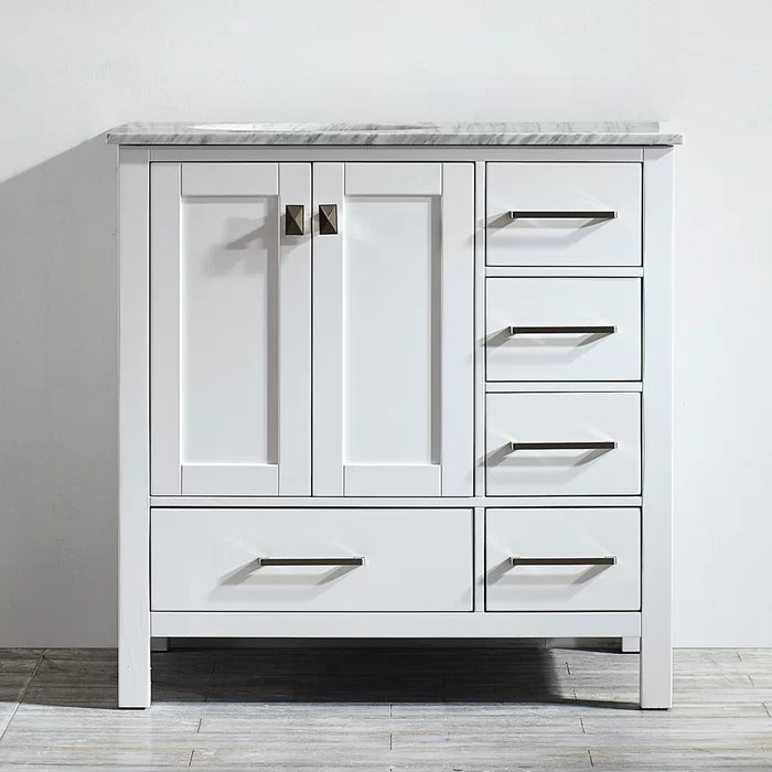 White Karine 36" Single Bathroom Vanity Set Crafted from a Clean Lined Solid Wood Base