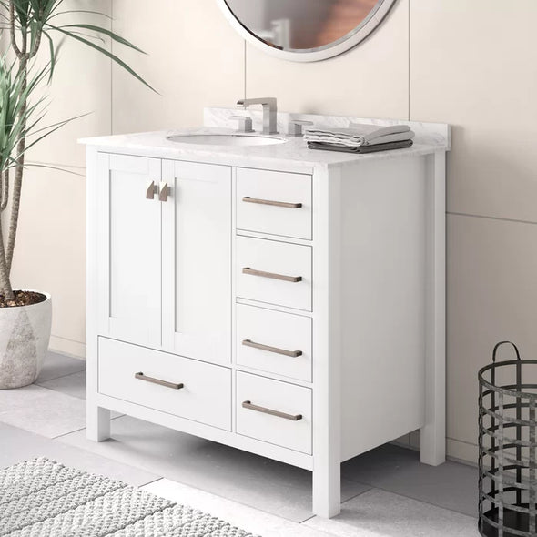 White Karine 36" Single Bathroom Vanity Set Crafted from a Clean Lined Solid Wood Base