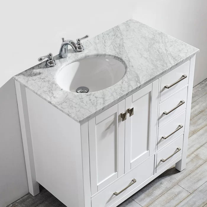 White Karine 36" Single Bathroom Vanity Set Crafted from a Clean Lined Solid Wood Base
