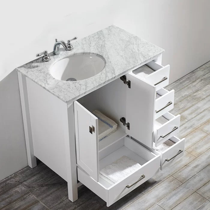 White Karine 36" Single Bathroom Vanity Set Crafted from a Clean Lined Solid Wood Base