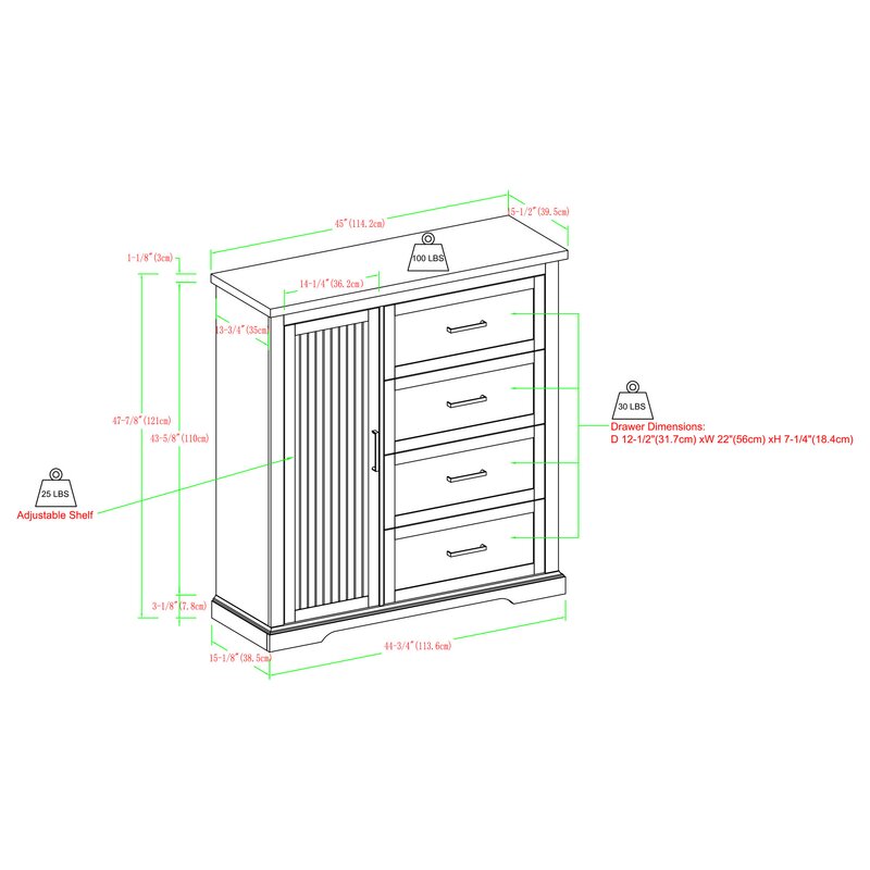 Birch Katheryn 45" 4 Drawer Grooved Wardrobe Crafted From Engineered Wood