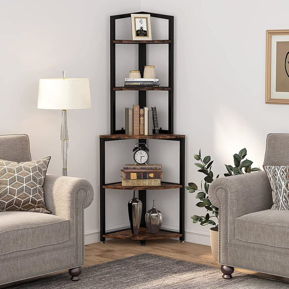 Rustic Brown 60.23'' H x 15.74'' W Corner Bookcase 5 Tier Shelves and An Open Design