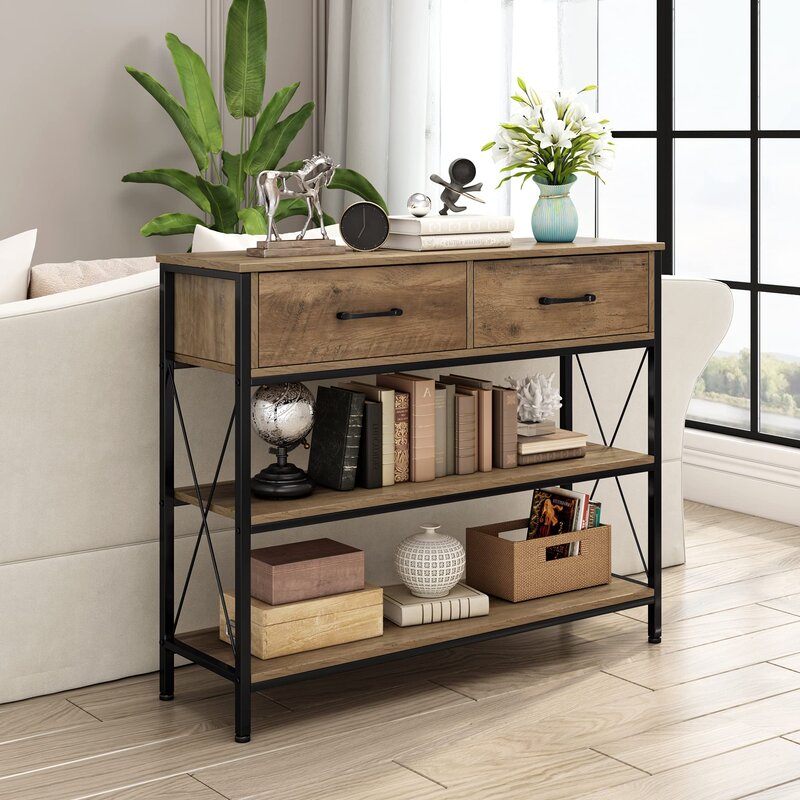 39.4'' Console Table X-Shaped Fixings Add Extra Solidity and Load Capacity to this Table 2 Drawers and 2 Shelves