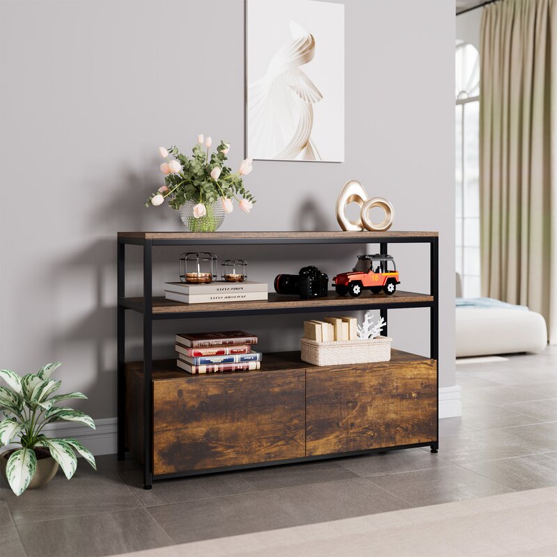 Keddrick 42.5'' Wide 2 Drawer Server Black Metal Frame