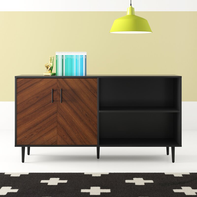 Acorn/Black TV Stand for TVs up to 65" Two Doors with Metal Handle Open to Reveal Space for DVDs Two Open Shelves Are Perfect
