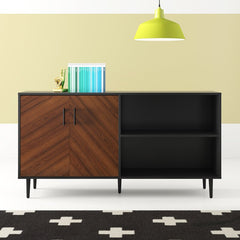 Acorn/Black TV Stand for TVs up to 65" Two Doors with Metal Handle Open to Reveal Space for DVDs Two Open Shelves Are Perfect