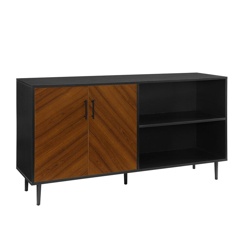 Acorn/Black TV Stand for TVs up to 65" Two Doors with Metal Handle Open to Reveal Space for DVDs Two Open Shelves Are Perfect
