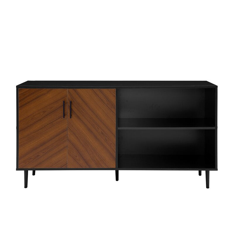 Acorn/Black TV Stand for TVs up to 65" Two Doors with Metal Handle Open to Reveal Space for DVDs Two Open Shelves Are Perfect