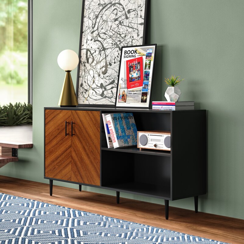 Acorn/Black TV Stand for TVs up to 65" Two Doors with Metal Handle Open to Reveal Space for DVDs Two Open Shelves Are Perfect