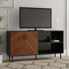 Acorn/Black TV Stand for TVs up to 65" Two Doors with Metal Handle Open to Reveal Space for DVDs Two Open Shelves Are Perfect