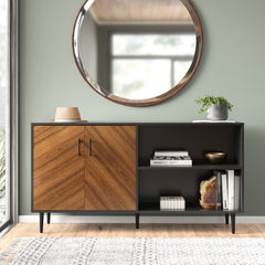 Acorn/Black TV Stand for TVs up to 65" Two Doors with Metal Handle Open to Reveal Space for DVDs Two Open Shelves Are Perfect
