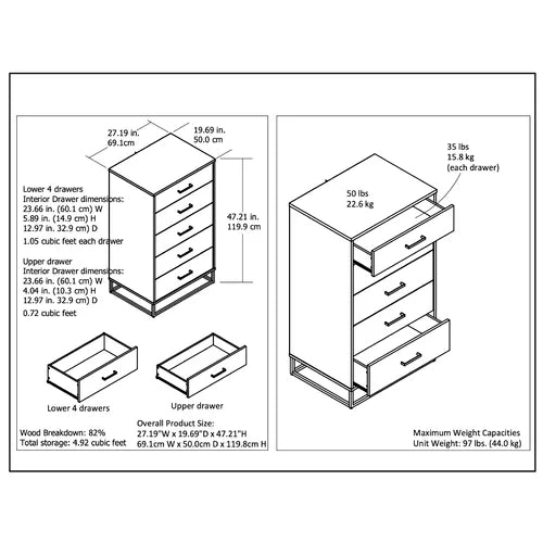 Kelly 5 Drawer 27.19'' W Chest Engineered Wood Woodgrain
