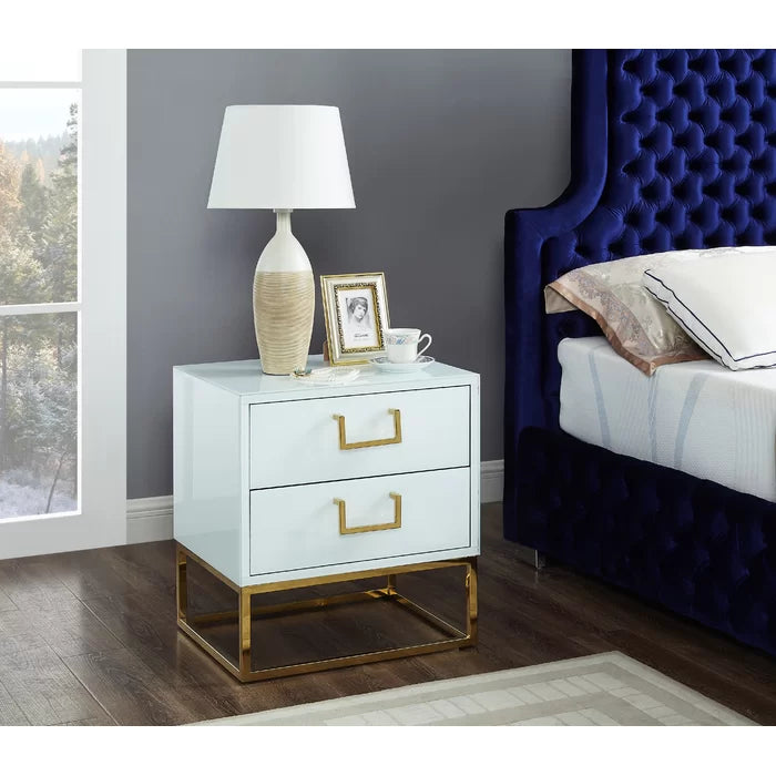 White/Gold Kemble 24'' Tall 2 - Drawer Stainless Steel Nightstand