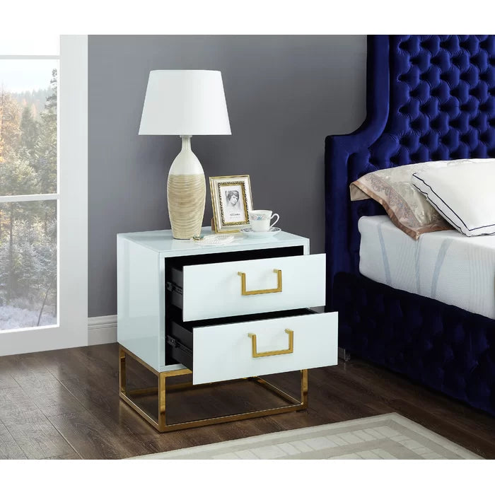 White/Gold Kemble 24'' Tall 2 - Drawer Stainless Steel Nightstand