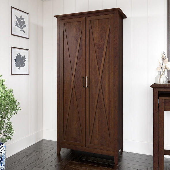 Tall Storage Cabinet with Doors - Bing Cherry Perfect Choice for Use in a Home Office, Living Room, Entryway