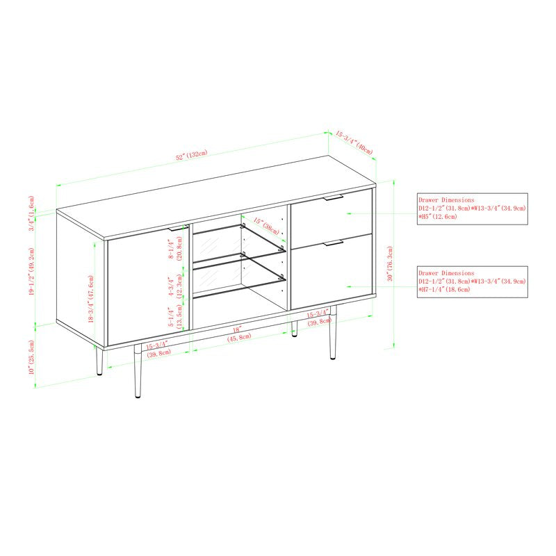 Dark Walnut Kinsey 52'' Wide 2 Drawer Buffet Table Adjustable Glass Shelve