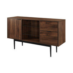 Dark Walnut 52'' Wide 2 Drawer Buffet Table Three Clear Glass Shelves, and One Cabinet for Maximum Storage
