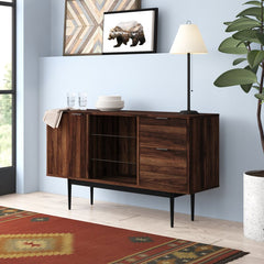 Dark Walnut 52'' Wide 2 Drawer Buffet Table Three Clear Glass Shelves, and One Cabinet for Maximum Storage