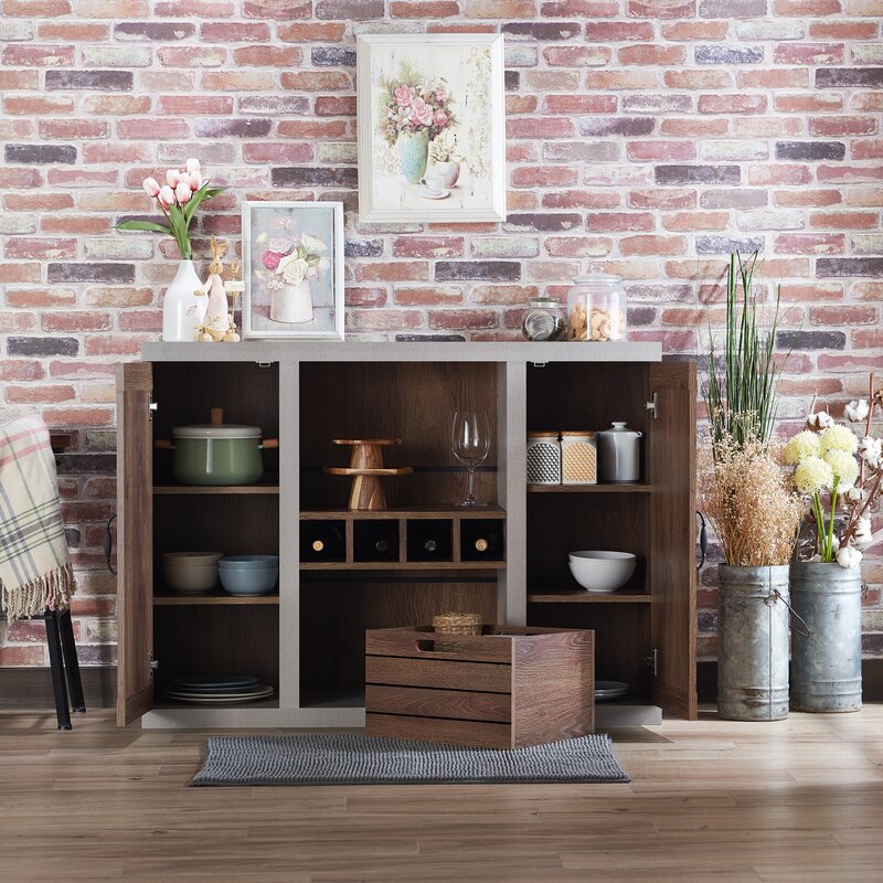 47.25'' Wide Sideboard Open tall shelf Two Large Side Cabinets Plank Style Design
