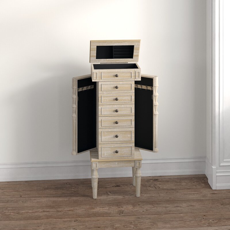 16'' Wide Jewelry Armoire with Mirror Six Different Drawers and Two Swing-Out Doors with Hooks